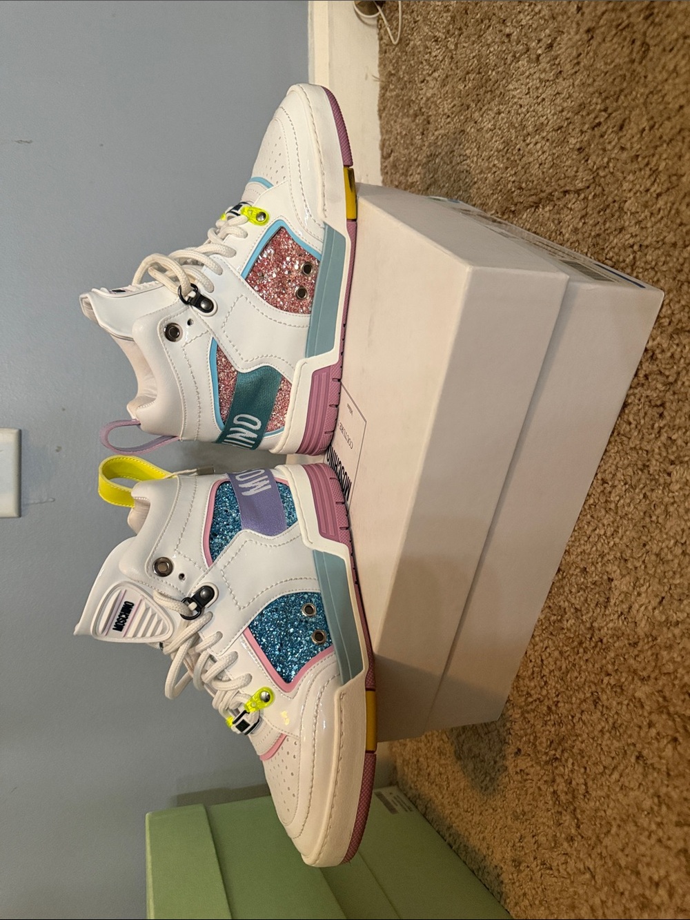 Moschino White High-Top Kids Sneakers with Pink & Blue Glitter